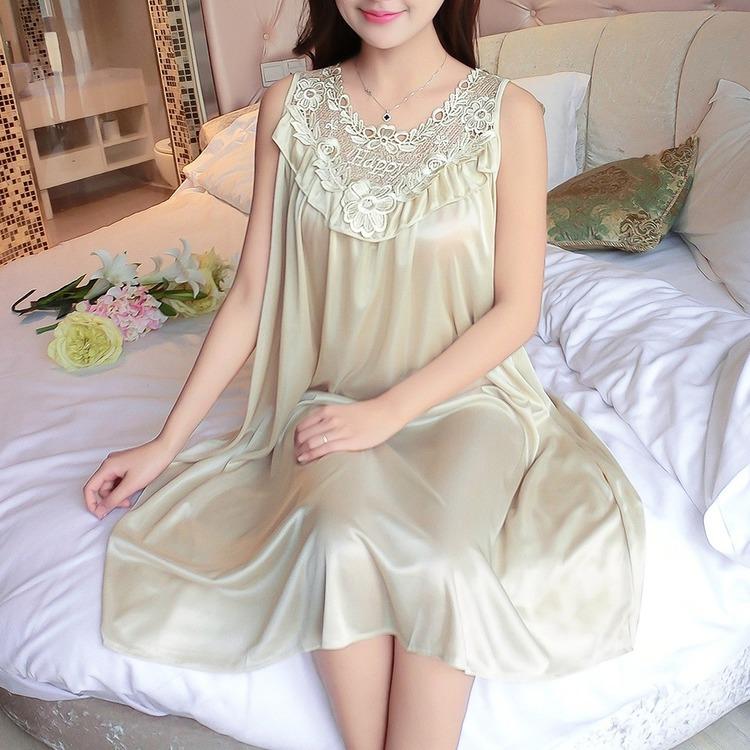 Ladies Pure Color Sexy Ice Silk Satin Nightgowns Baggy Casual Sleeveless Sleepwear Long Dress