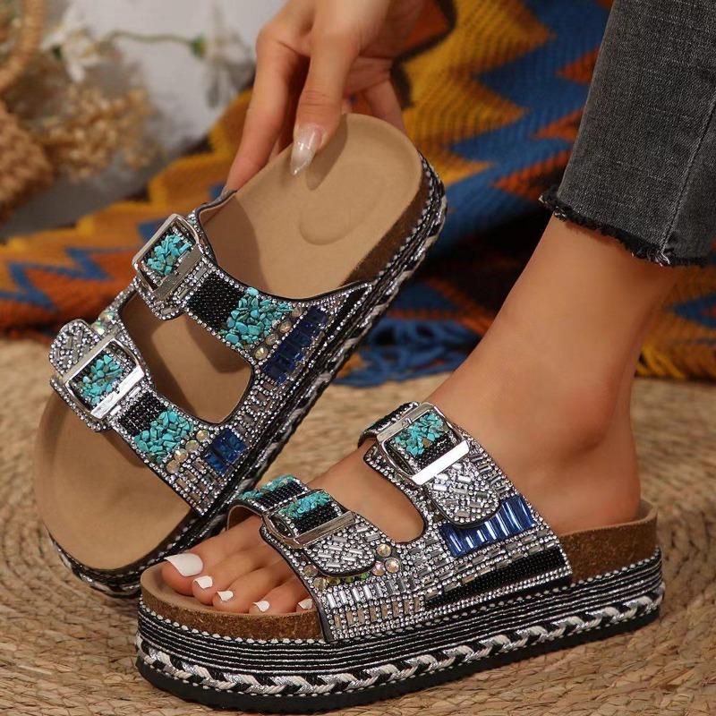 New Cross-border Foreign Trade Thick-soled Hemp Rope Double-buckle Rhinestone Cork Beach Slippers Large-size Women's Shoes