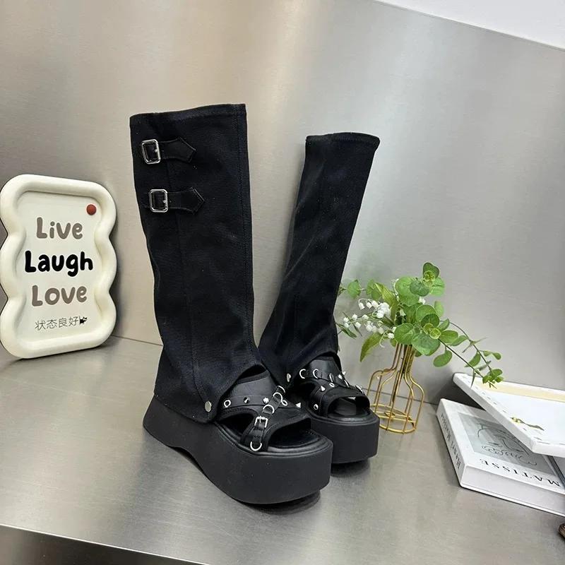 2025 Summer New Women's Cover Heel Sandals Outdoor Buckle Rivet Slip On Knee-High Boots Women Modern Platform Thong Sandals