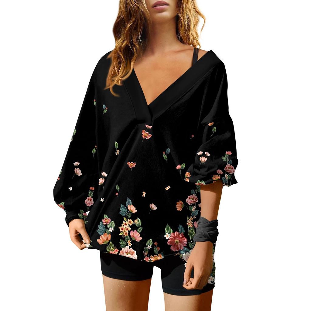 Женская мода V-образный вырез длинный рукав принтованный свободный пуловер свитшот топ