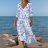 Dresses For Womens Vintage Print Tunic Waisted Midi Dress Summer Casual 3/4 Sleeve Dress