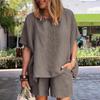 Women's Cotton Linen 2-Piece Outfit Short Sleeve Crewneck Pullover Top And Shorts Set with Pockets Summer Casual Loungewear Tracksuit