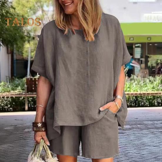 Women's Cotton Linen 2-Piece Outfit Short Sleeve Crewneck Pullover Top And Shorts Set with Pockets Summer Casual Loungewear Tracksuit