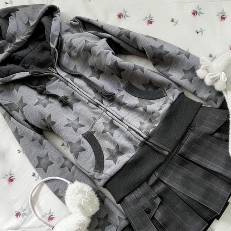 Womens Vintage Star Print Hooded Sweatshirt Fall Winter Casual Zip Up Fleece Lined Outerwear