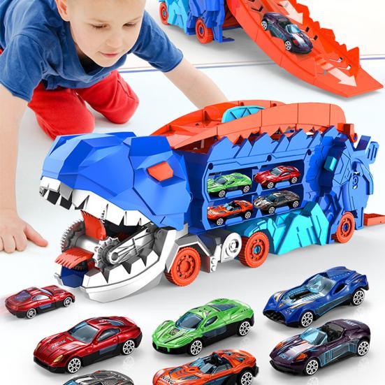 1 Set Dinosaur Swallow Truck Toy with Small Alloy Car Foldable Track Portable Handle Inertial Drive Dinosaur Container Carrier Vehicle Toy Boys Girls
