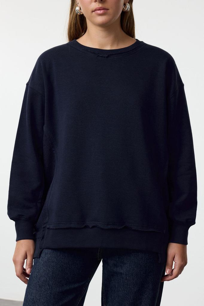 Женская модная стильная толстовка темно-синего цвета с толстой флисовой подкладкой, широкий вязаный свитшот большого размера