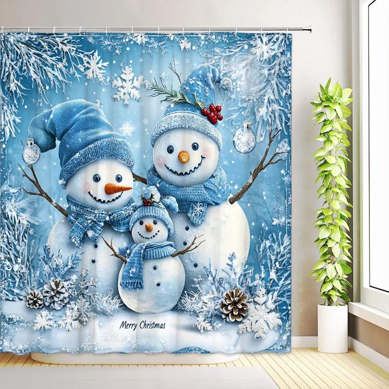 JY01Christmas Cute Snowman Shower Curtains Santa Claus Winter Snowflake Snow Scenery Cedar Reindeer Xmas Bathroom Decor With H@1