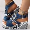 Women's Rhinestone Chain Wedge Sandals High Heel Denim Fabric Open Toe Ankle Strap Buckle Random Printed Design Casual Summer Shoes