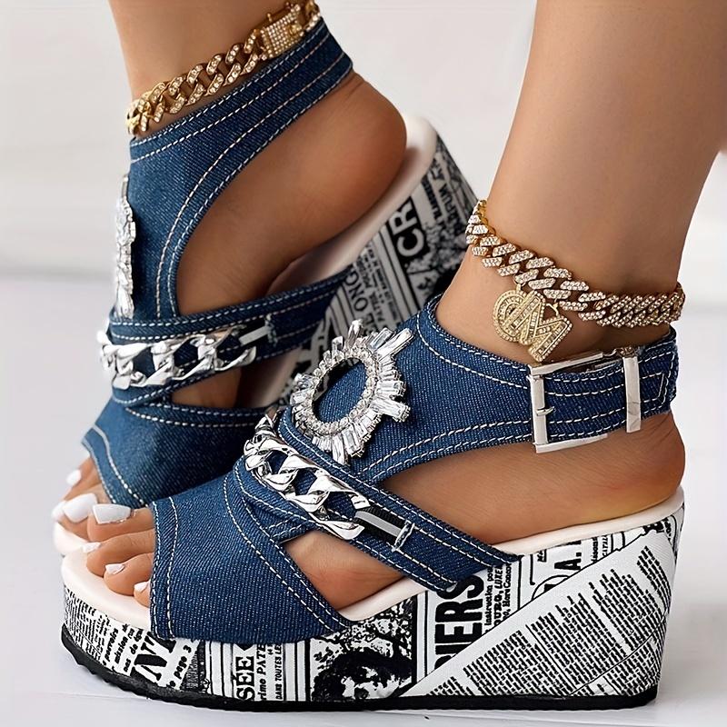 Stylish Women's Rhinestone Chain Sandals - Comfortable Slingback Peep Toe Wedges with Ankle Strap Buckle - Perfect for Summer Platform Fashion