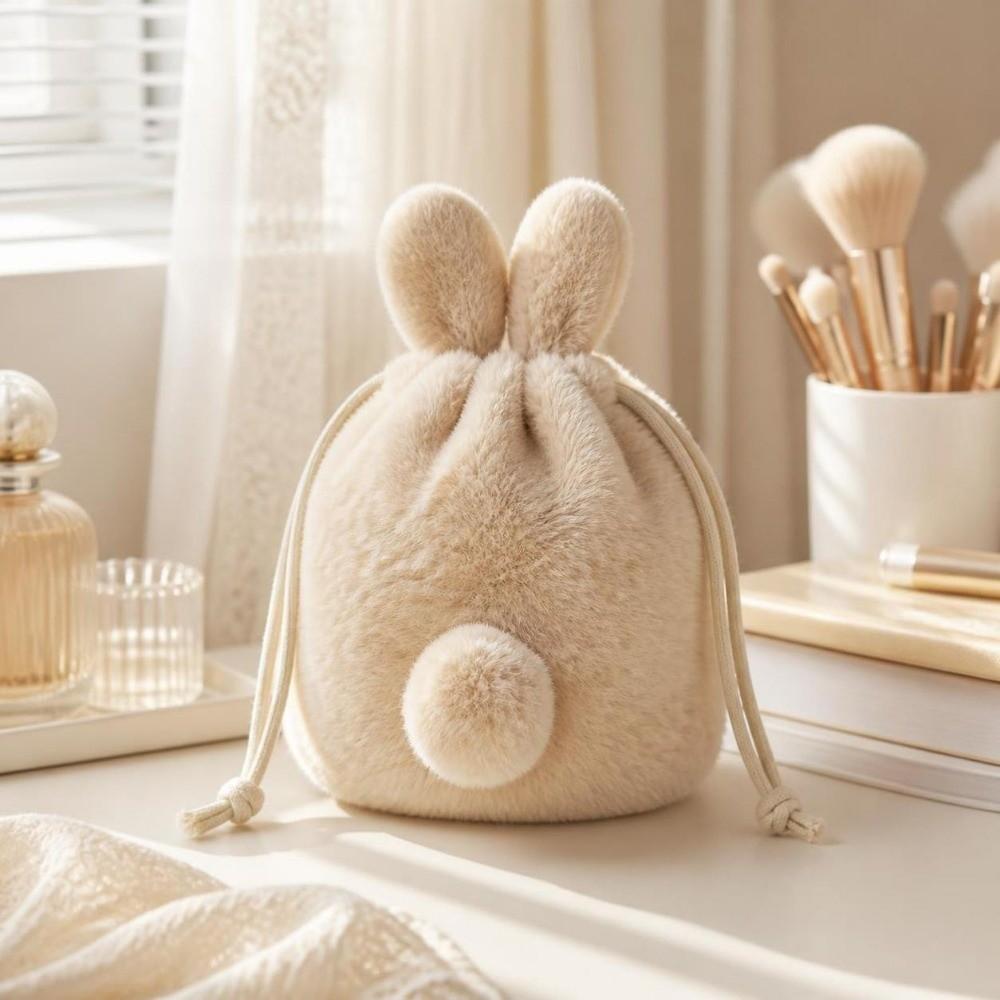 Fluffy Style Bunny Plush Pouch Large Capacity Rabbit Ear Bag Cosmetic Storage