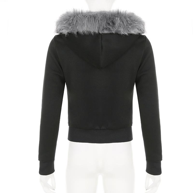 Goth Dark Streetwear Толстовки с капюшоном с воротником из искусственного меха с двойной молнией Пальто с капюшоном Женские повседневные куртки в готическом стиле с карманами Y2K Grunge Fall Cardigan