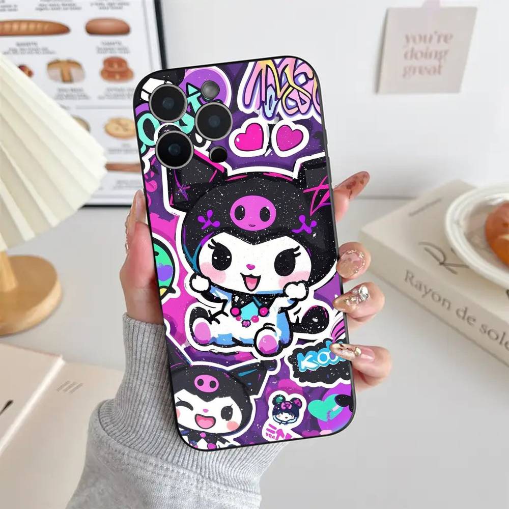 Cute Cartoon Girl K-Kuromi Phone Case Cool Black Silicone Soft For IPhone 16 15 14 13 12 11 X XR Plus Pro Max Plus