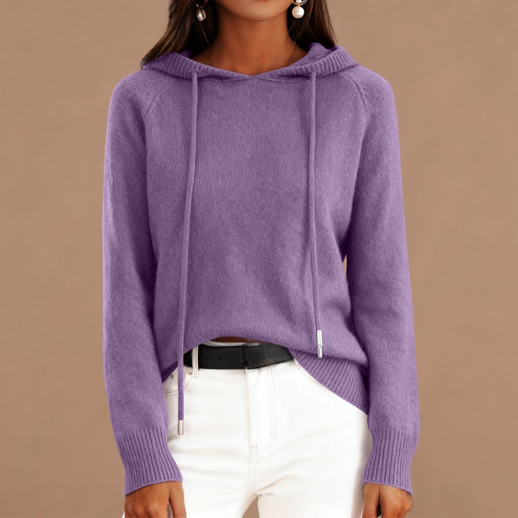 Women's Fashionable Long-sleeved Solid-color Pullover Hooded Knitted Sweater Top