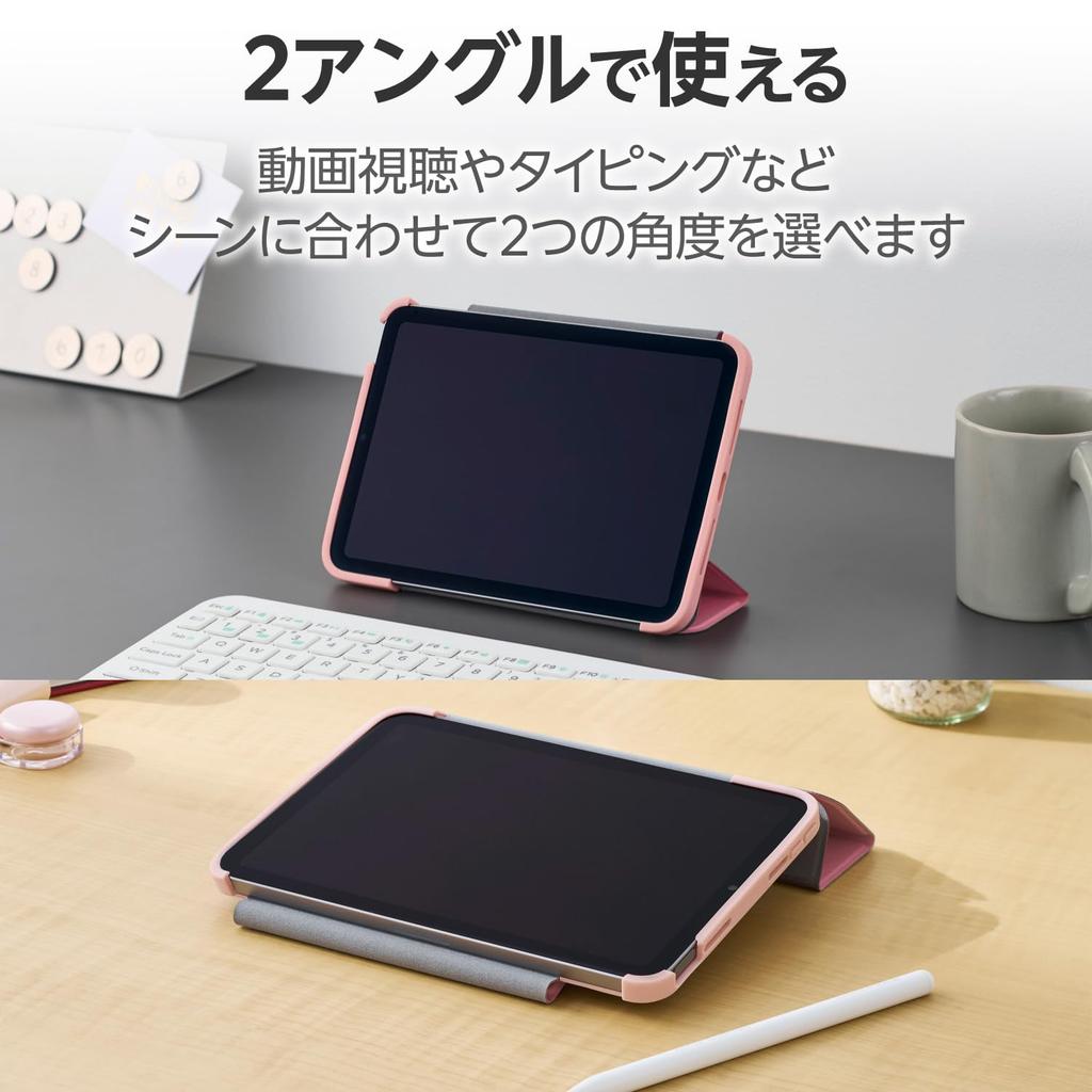 Elecom Чехол-подставка для iPad mini7 Pro mini6 6-го поколения с функцией автоматического пробуждения, мягкая кожаная задняя панель, прозрачная рамка, цвет светло-розовый (А17 2024) 2-уголный