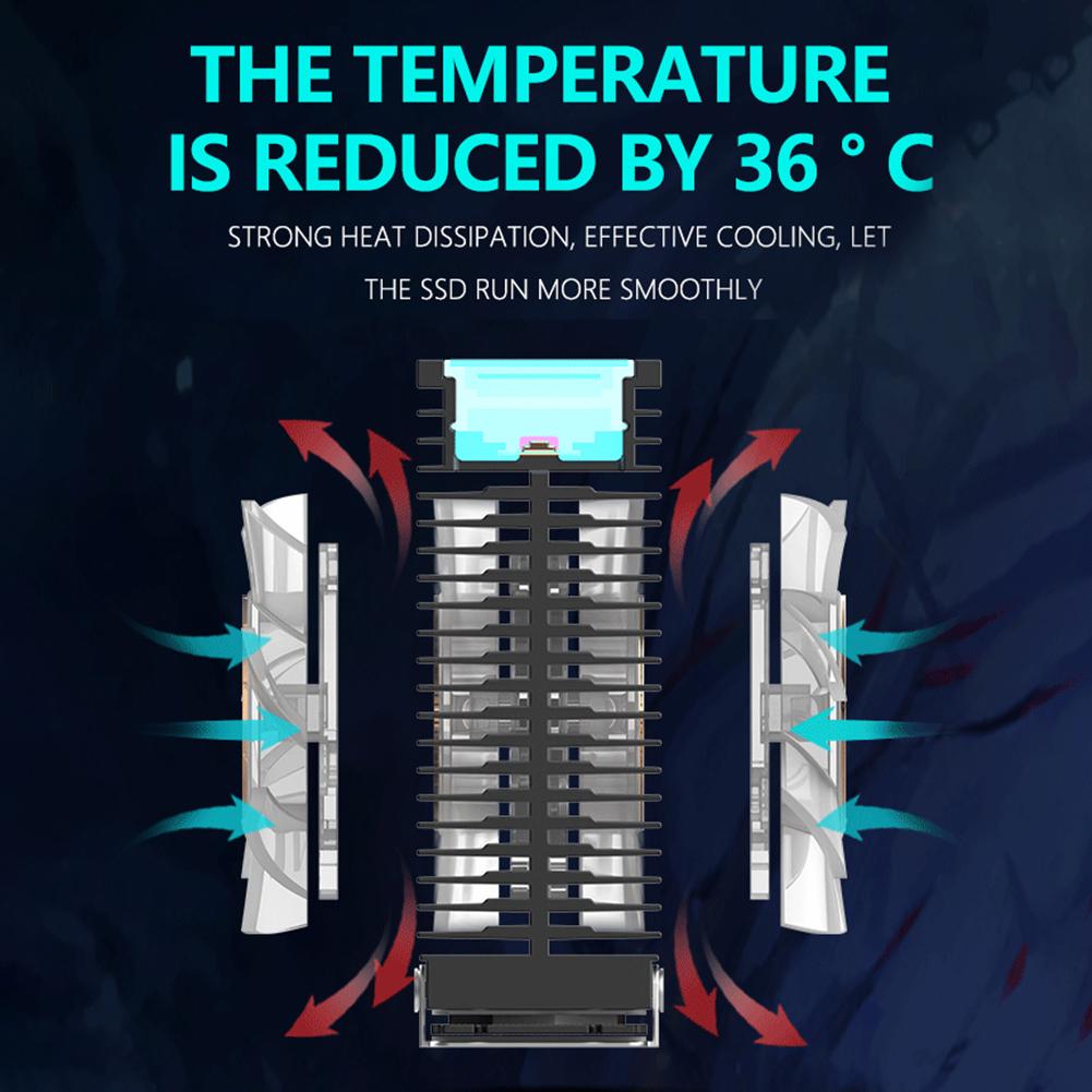 ARGB M.2 2280 SSD Радиатор Охладитель из Алюминиевого Сплава для M.2 SSD Настольного ПК с 50мм ШИМ Двойным Вентилятором и Термопрокладкой