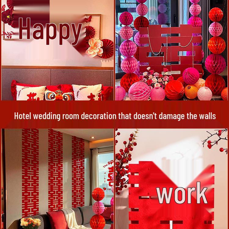 Bridal Wedding Room Decoration Set with No-Trace Double Happiness for Hotels and Living Rooms