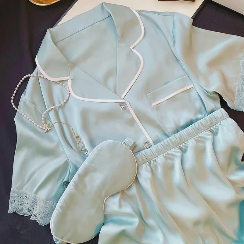 Женский пижамный комплект из ледяного шелка и кружева - С коротким рукавом, Однотонный, В стиле принцессы, Повседневная домашняя одежда