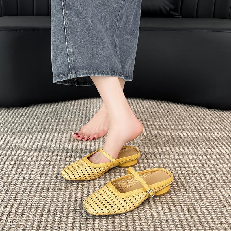 Baotou Half-drag Women's Summer Thick Heels Woven Hollowed-out Mary Jane Cool Slippers Women's Outer Wear Women's Shoes