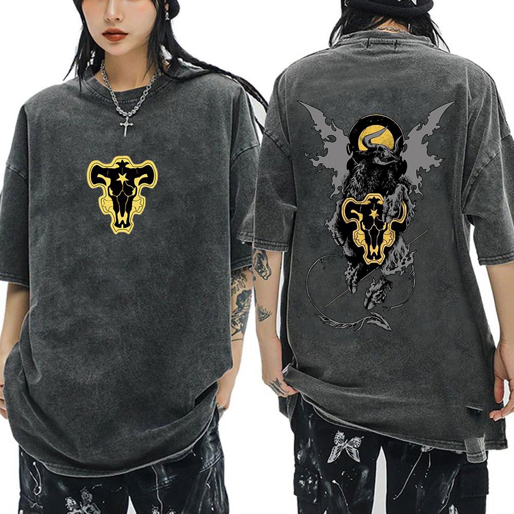 Washed Anime Black Clover Logo Graphic Print T-shirt Harajuku Summer Fashion Casual Cotton Oversized T-shirts Tops Streetwear