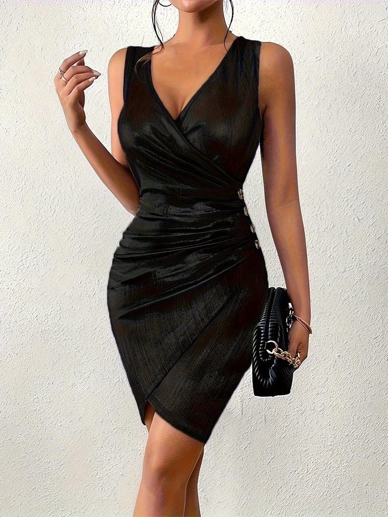 Новое сексуальное модное платье-футляр с вырезом V, повседневное, с цветовыми блоками, на пуговицах, однотонное, с металлическими складками, облегающее