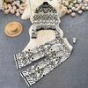 Autumn Winter Fashion Vintage Print Knitted Sweater Tracksuit Zipper Coat Jacket+Elastic Waist Pants Two Piece Set