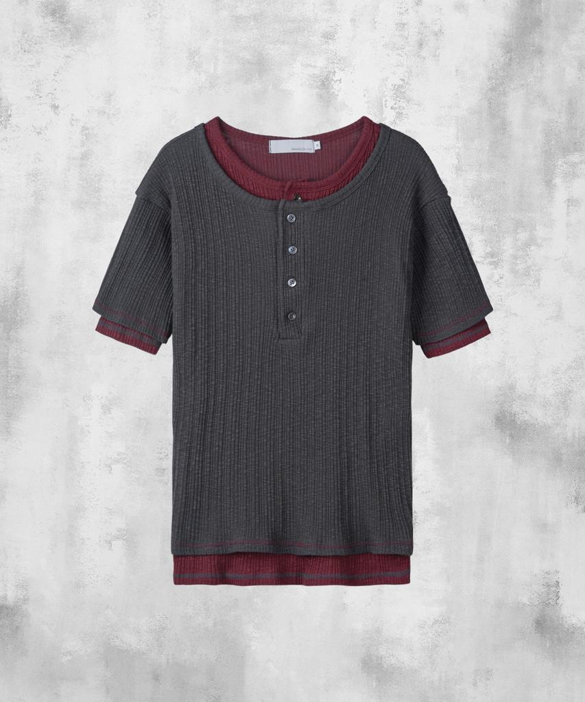 PARADIGMFILM [Ep.02] Slub Layered Henley Neck Knit Top (Charcoal)