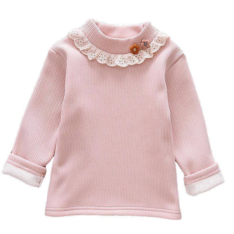 Girls' Winter Velvet Lace Turtleneck Knit T-Shirt
