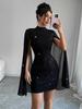 Женское повседневное мини-платье bodycon с высоким воротником, рукавами-фонариками и деталью в виде накидки, с блестящим принтом, облегающего кроя, для вечеринки