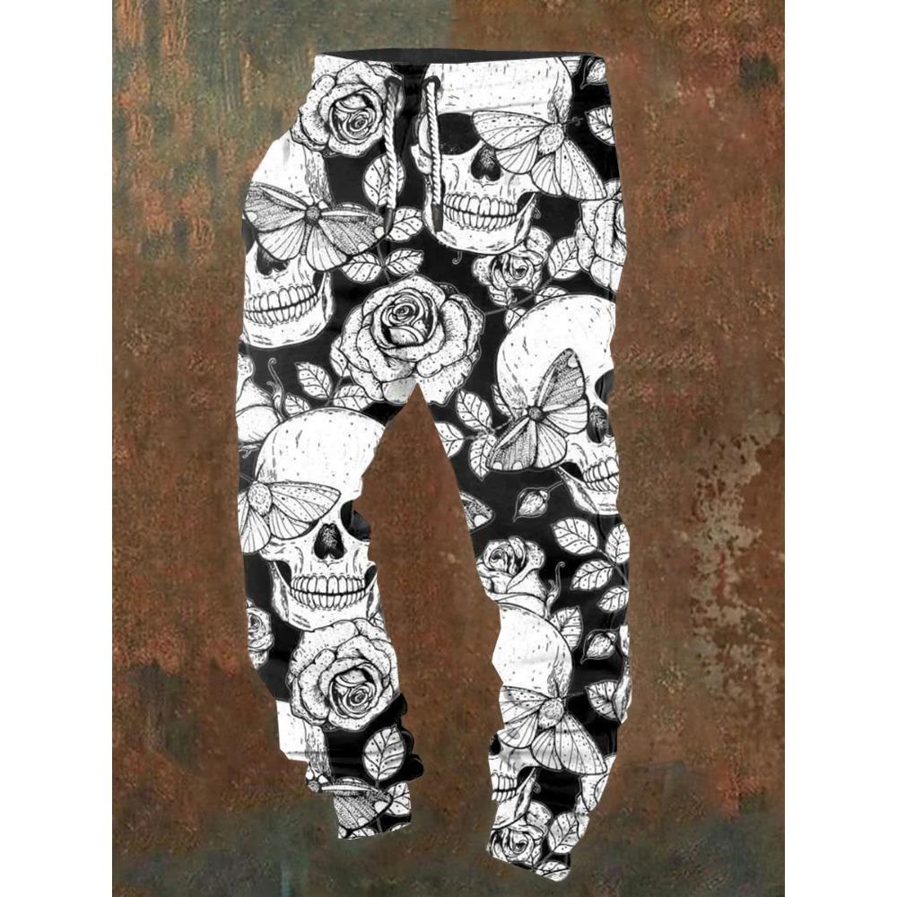 Men's casual jogging pants with drawstrings and Halloween skull prints, suitable for outdoor wear, autumn and winter fashion