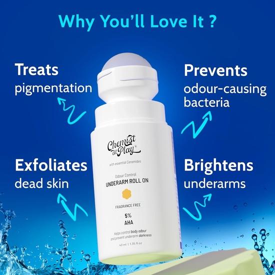 Chemist at Play Роликовый дезодорант для подмышек с 5% AHA, молочной кислотой и 1% миндальной кислотой | Предотвращает запах тела, осветляет кожу и отшелушивает подмышки - 40 мл