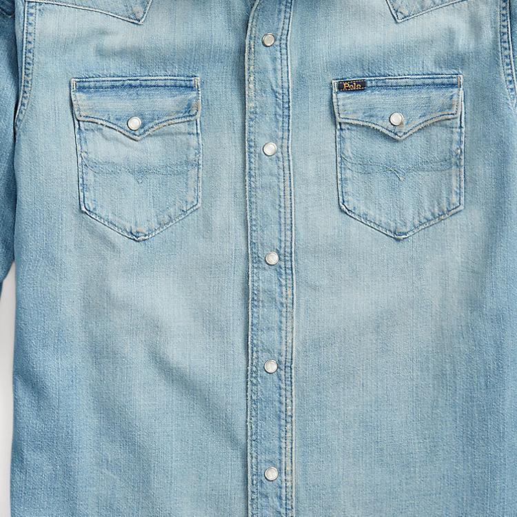 Polo Ralph Lauren FW22 Однобортная джинсовая рубашка с длинным рукавом и накладным карманом Мужские рубашки синего цвета 710864086-001