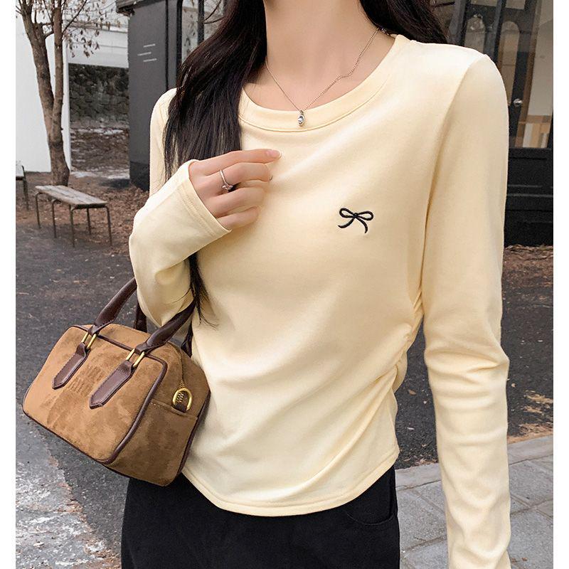Женский топ с круглым вырезом, вышивкой бантом, длинными рукавами и плиссировкой, ранняя осень