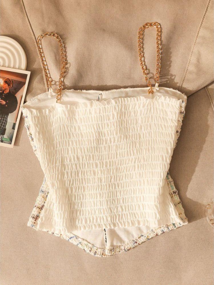 Plaid Tank Top Solid Metal Chain Halter Crop Tops Women Summer Camis Backless Camisole Fashion Casual Tube Female Sleeveless Cropped Vest Y2K