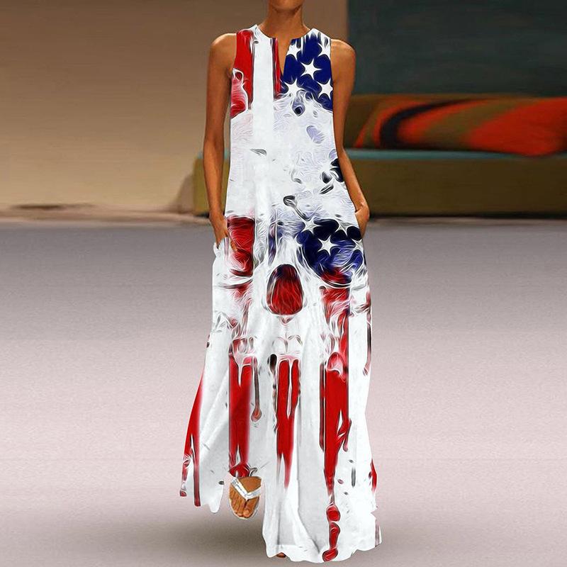 Женская мода лето весна цветочный принт без рукавов V-образный вырез свободные повседневные платья