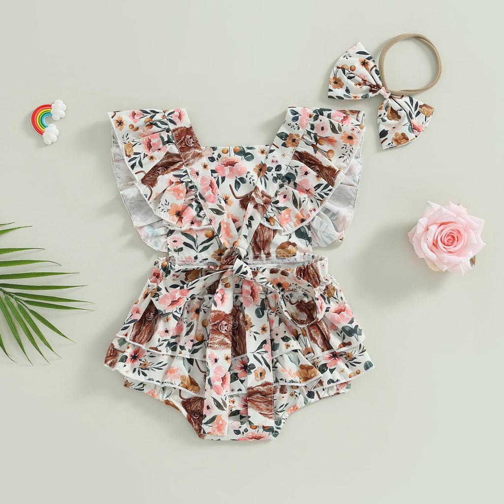 Одежда в стиле вестерн для маленьких девочек, комбинезон с принтом коровы, комбинезон без рукавов с рюшами, боди, повязка на голову, наряд для детской пастушки