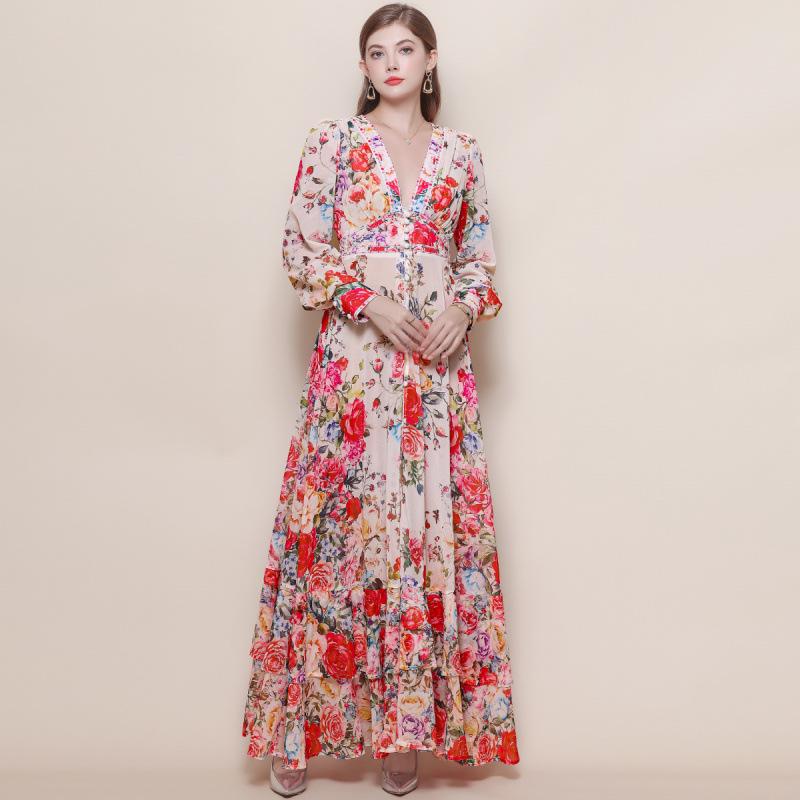 Women's Retro Court Style V-neck Dress with Lace-up Waist, Lantern Sleeves, Floral Print, and Large Hem - 2026 Collection