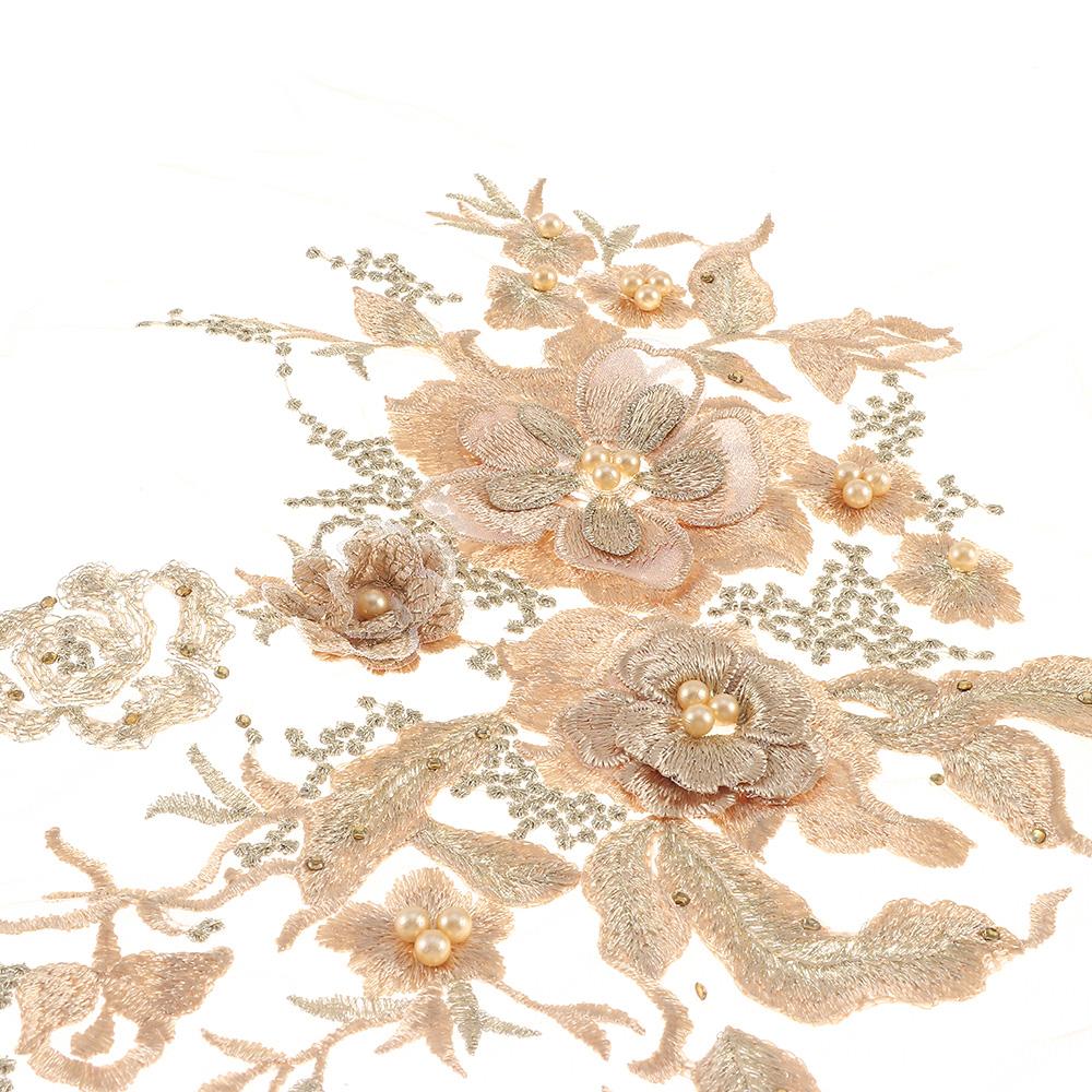 material 3D Flower Fabric Beaded Lace Applique Embroidered Flower Patch for Dresses Bridal Dress