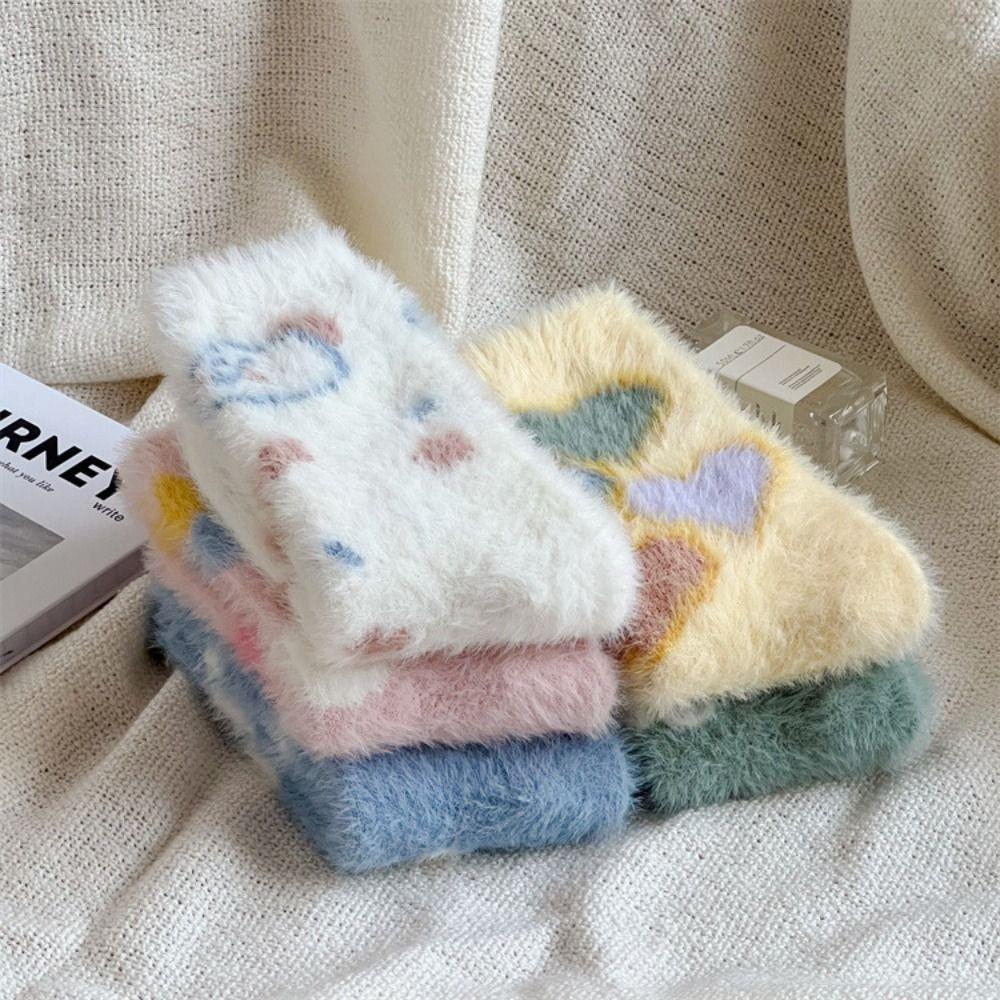 Keep Warm Mink Velvet Socks Flower Heart Pattern Winter Socks Sweet Middle Tube Sock Ladies