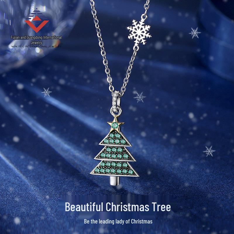 Min Yue Original S925 Silver Necklace with Zircon Christmas Tree Pendant for Women - European & American Style Clavicle Chain
