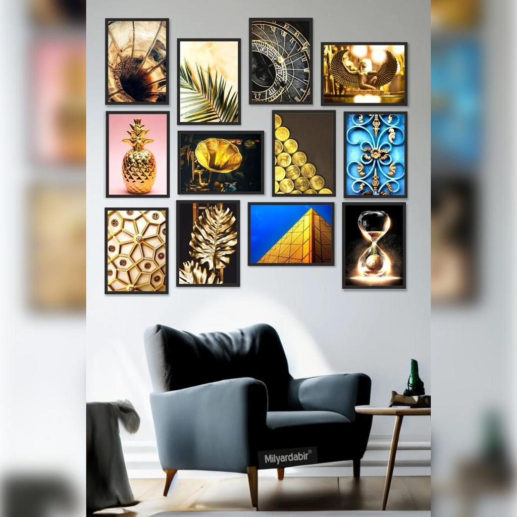 Enhance Your Home with the Must-Have of Modern Decor – 12-Piece Gold-Toned Poster Set!