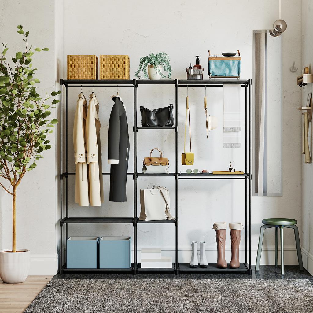 Fabric Wardrobe with 8 Shelves and 3 Hanging Rods. 182x43x185cm. Black