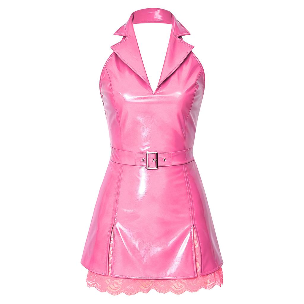 Womens Glossy PU Leather Bodycon Mini Dress Lapel V Neck Halter Backless Split Hem Nightclub Dress