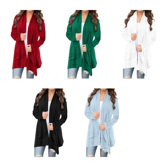 Женский длинный вязаный кардиган крючком, с длинным рукавом, открытый спереди, трикотажное пальто, осенняя повседневная ажурная верхняя одежда