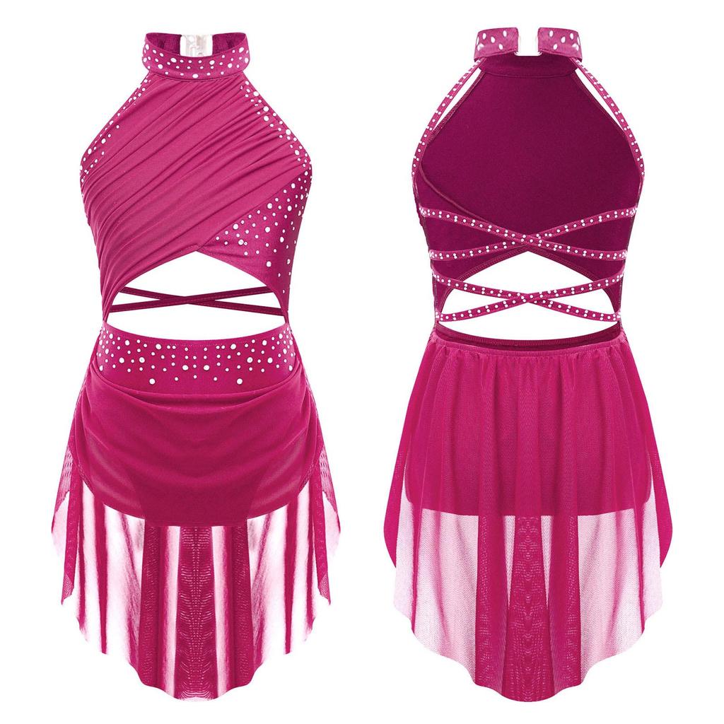 Kids Girls Lyrical Dance Performance Costume Figure Skating Ballet Gymnastics Leotard Dress Sleeveless Rhinestone Dancewear