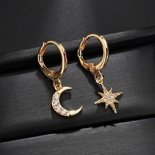 New Exquisite Sterling Star Moon Zircon Hoop Earrings Women Fashion Pendant Earrings Jewelry