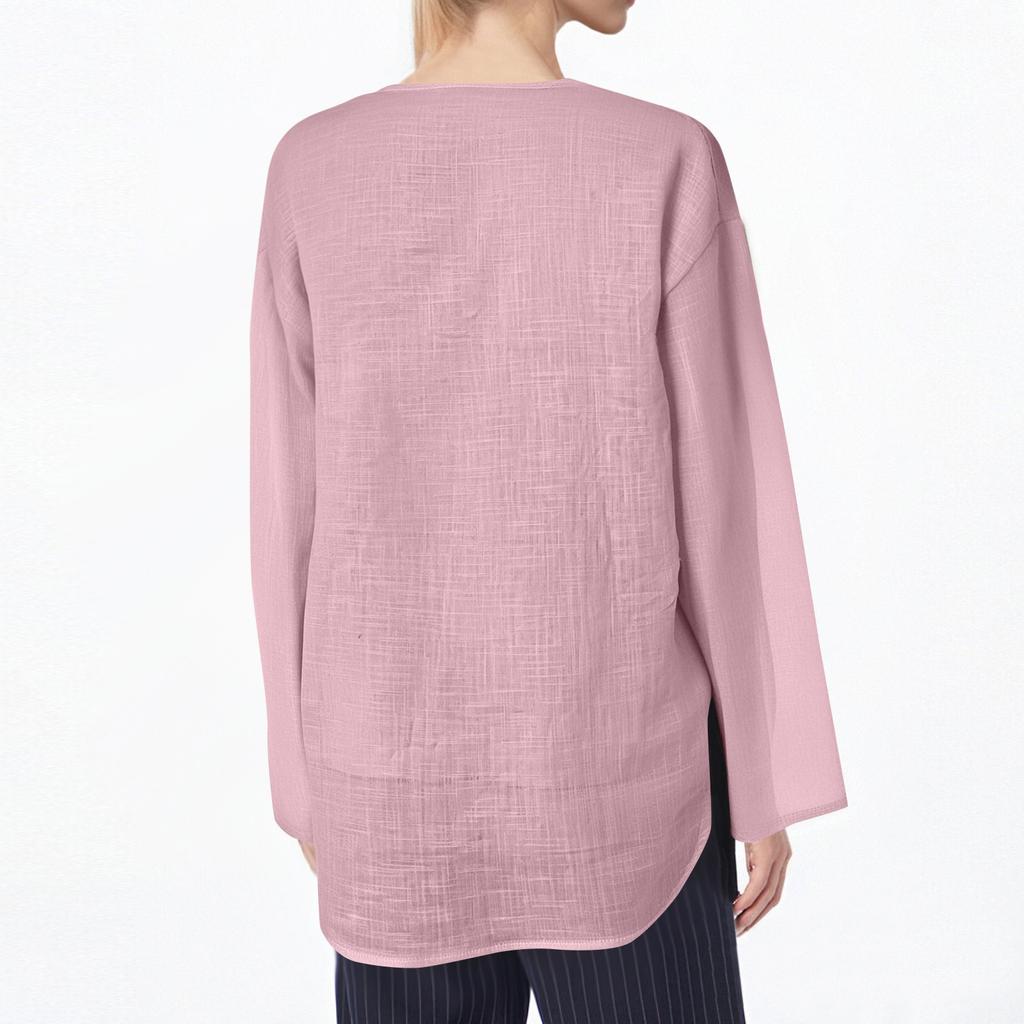 Women's Casual Loose Fashion Long Sleeve Cotton Linen Solid Color Retro V-neck Pullover Shirt