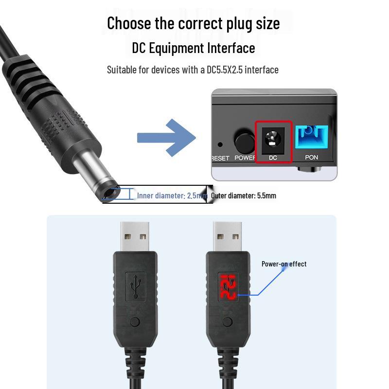 USB Digital Display Adjustable Boost Cable: 5V, 9V, 12V Fast Charging for Routers and Modems
