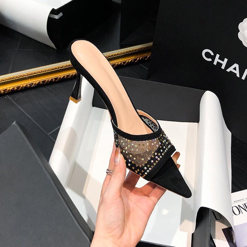 Модные женские туфли на высоком каблуке с рисунком «рыбьего рта» 2024 года, сетка, стразы, заостренный нос, модные туфли с открытым носком, на тонком каблуке, универсальные, Zapatos Mujer