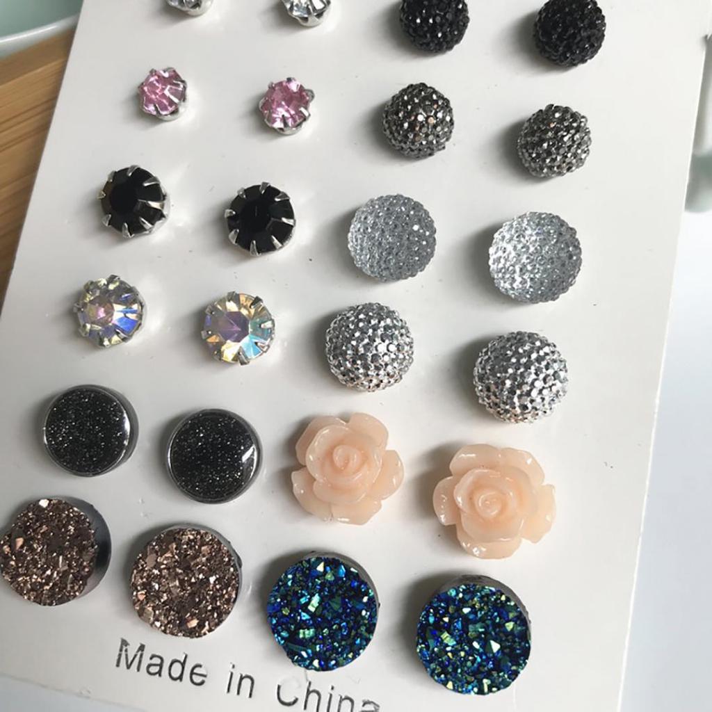 12 пар / компл. Очаровательные женские круглые серьги-гвоздики со стразами в виде цветов, ювелирный подарок