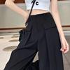 Женские брюки с высокой посадкой, черные, драпированные, широкие штанины - Повседневные брюки прямого кроя на весну/осень